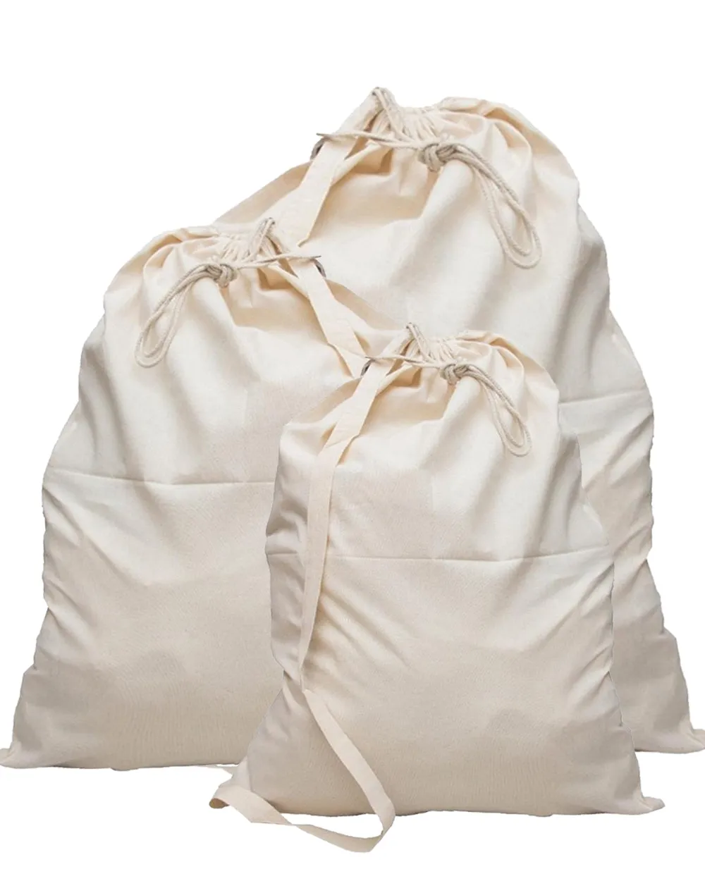 12 ct Premium Cotton Laundry Bags W/Shoulder Strap (Small-Medium-Large) - By Dozen