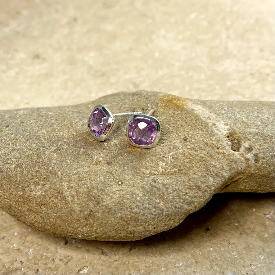 Amethyst Earrings - Cushion Studs