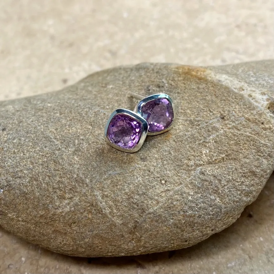 Amethyst Earrings - Cushion Studs