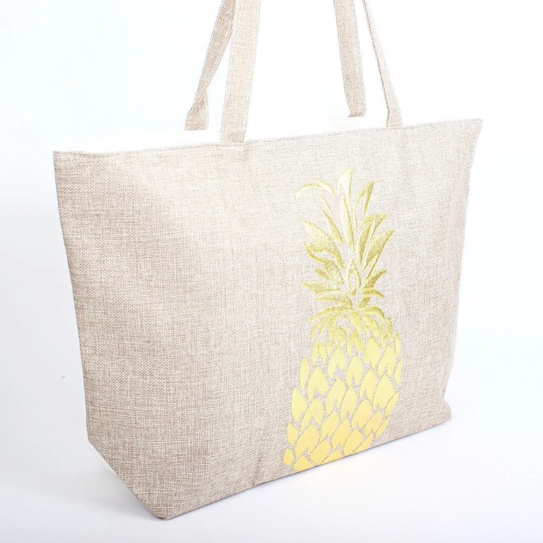 B768 Gold Foil Pineapple Printed Large Beach Tote Bag