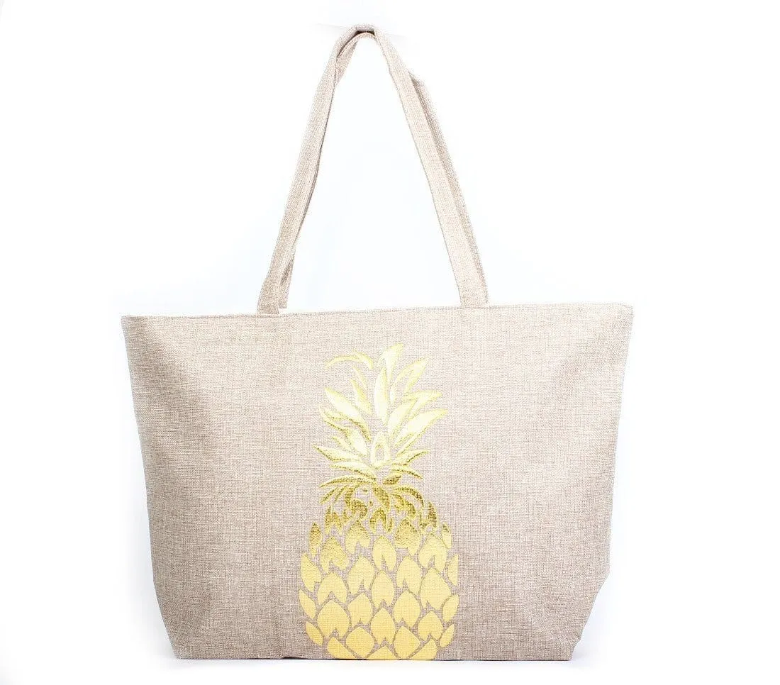 B768 Gold Foil Pineapple Printed Large Beach Tote Bag