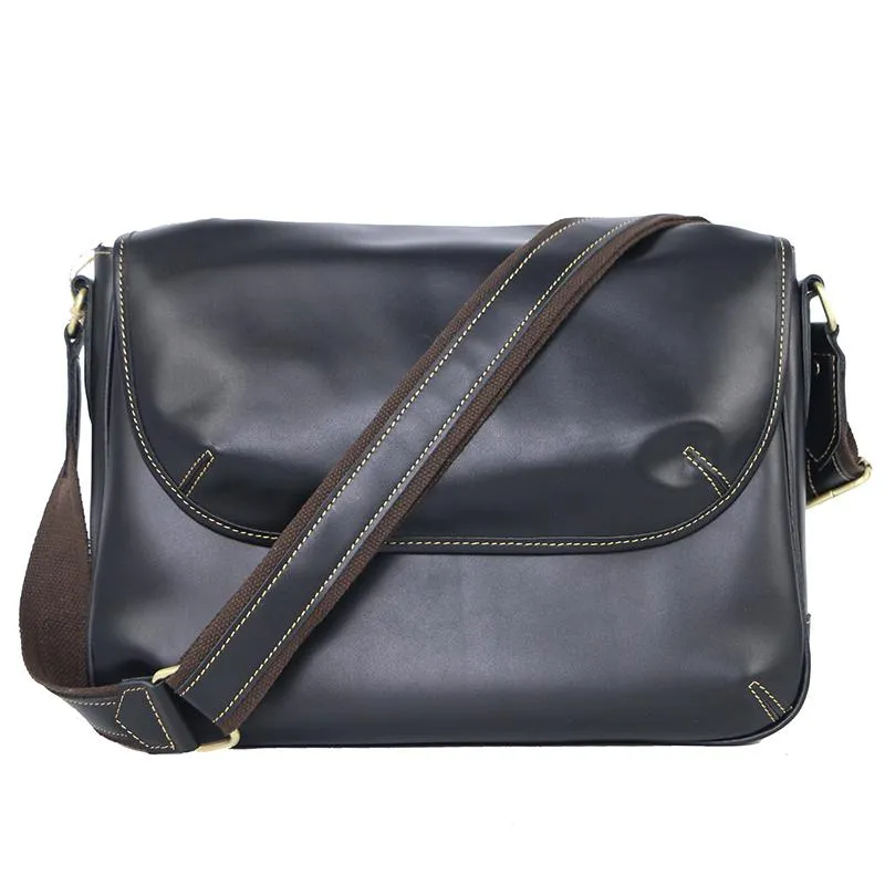 Black Leather Mens Casual 10'' Courier Bags Messenger Bags Dark Coffee Gray Postman Bag For Men