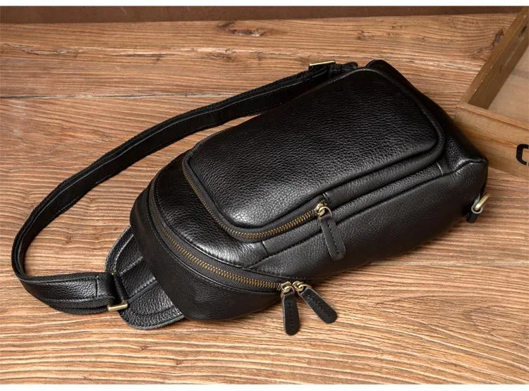 Black Leather Mens Cool Sling Bags Crossbody Pack Black One Shoulder Backpack Chest Bags for men