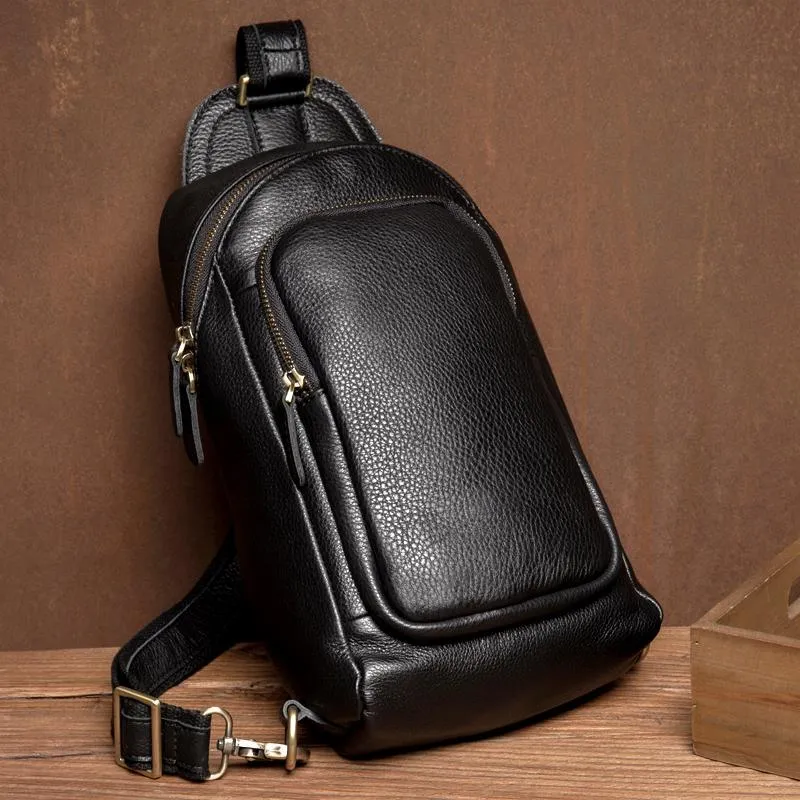 Black Leather Mens Cool Sling Bags Crossbody Pack Black One Shoulder Backpack Chest Bags for men