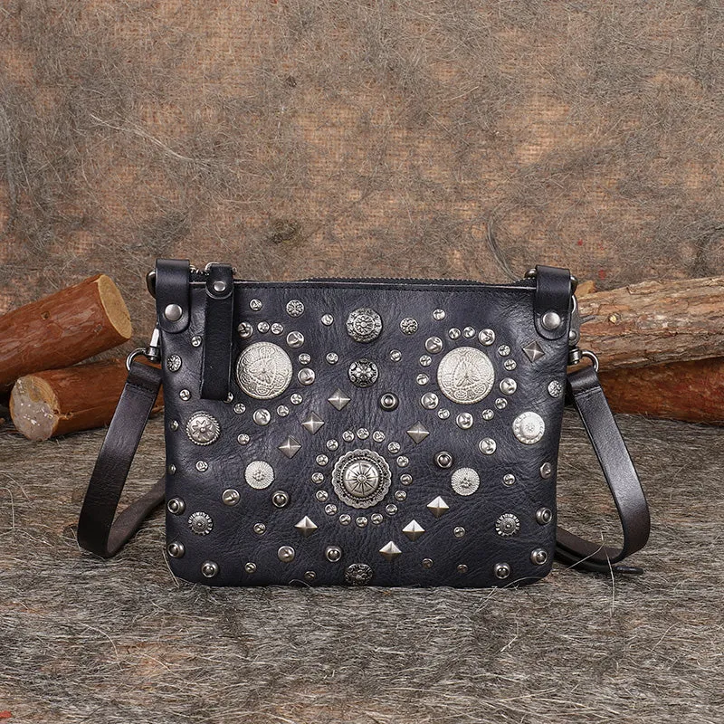 Black Leather Womens Rivets Shoulder Bags Saddle Vintage Slim Crossbody Purse for Women