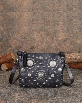 Black Leather Womens Rivets Shoulder Bags Saddle Vintage Slim Crossbody Purse for Women