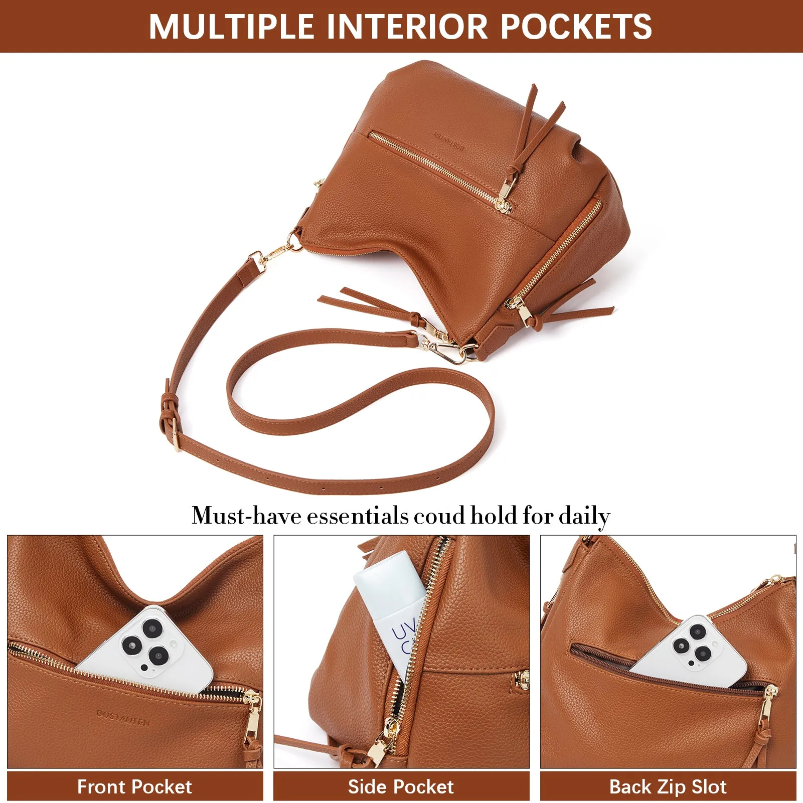 BOSTANTEN Purses for Women Designer Handbags Vegan Leather Hobo Bags Ladies Shoulder Bags Pocketbooks Brown