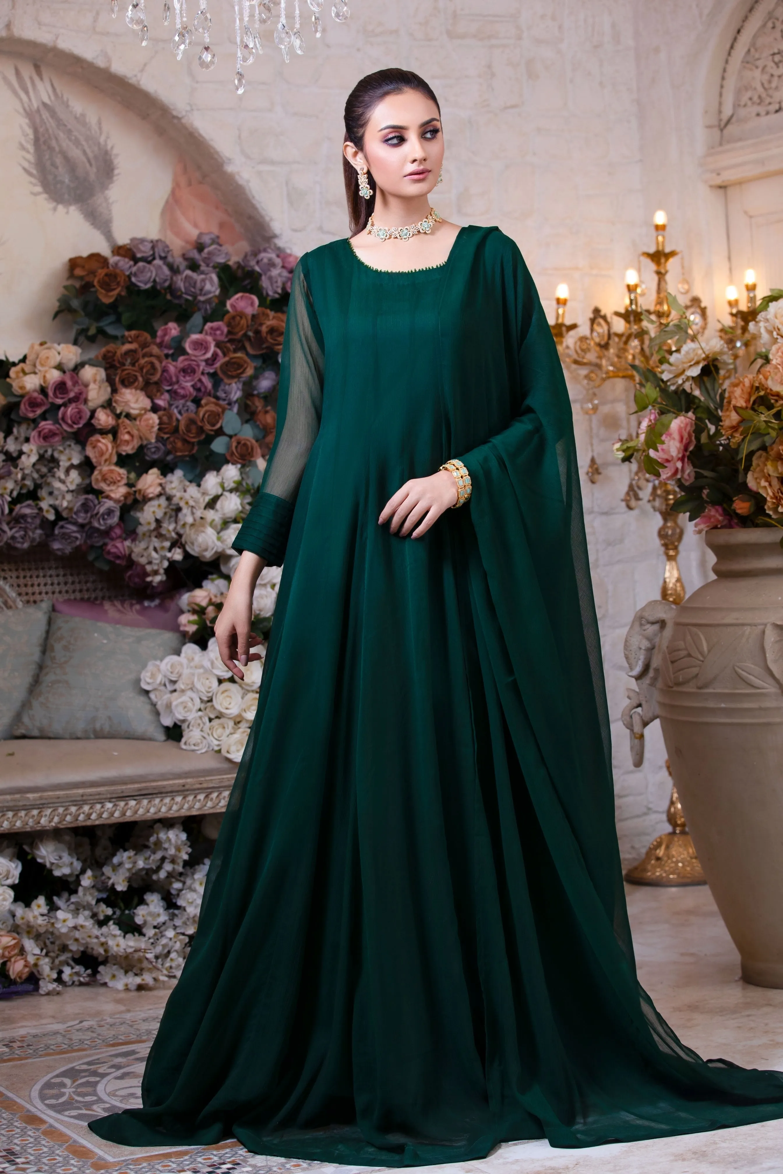 Bottle Green Minimalist Chiffon Anarkali Frock (Sandal)