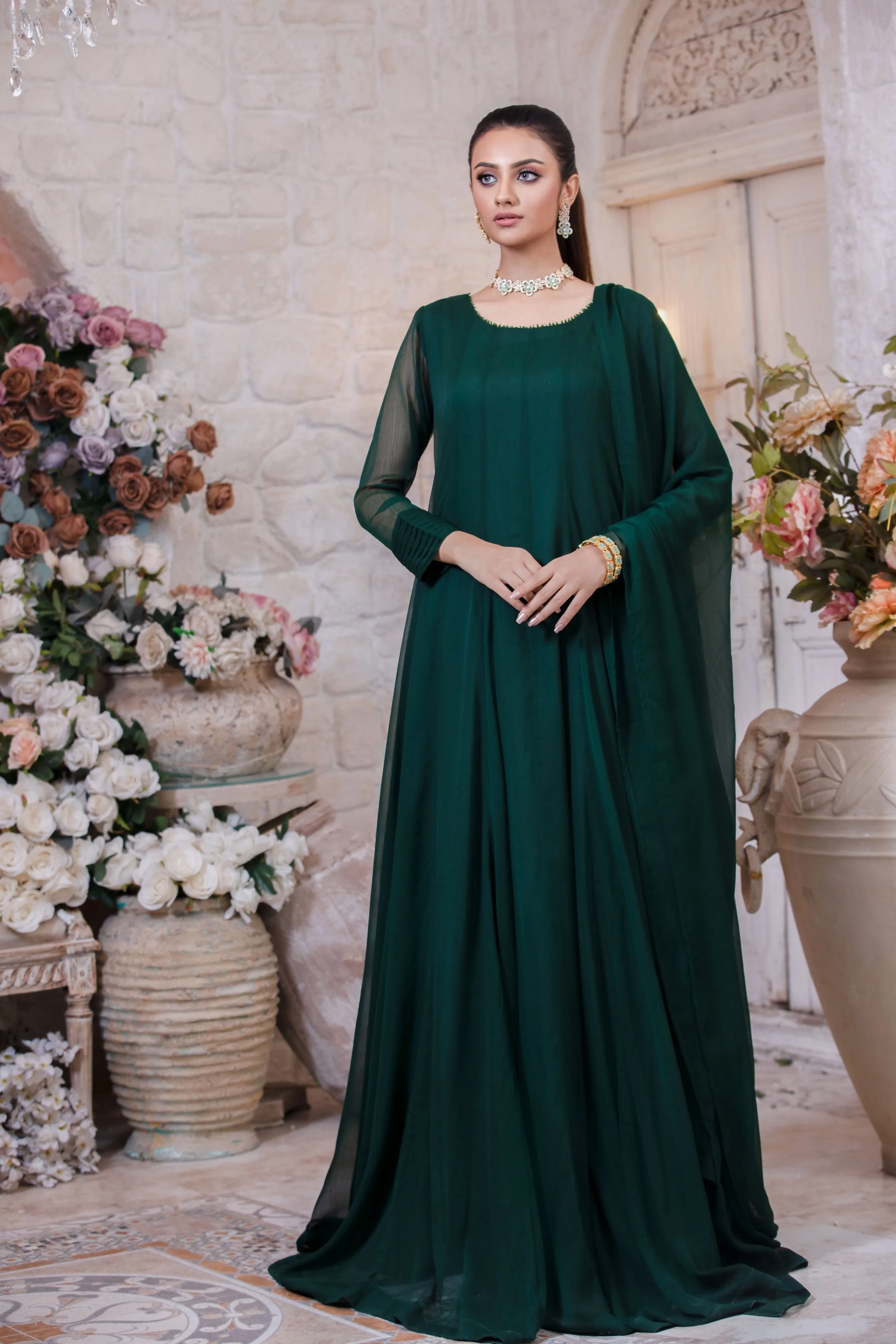 Bottle Green Minimalist Chiffon Anarkali Frock (Sandal)