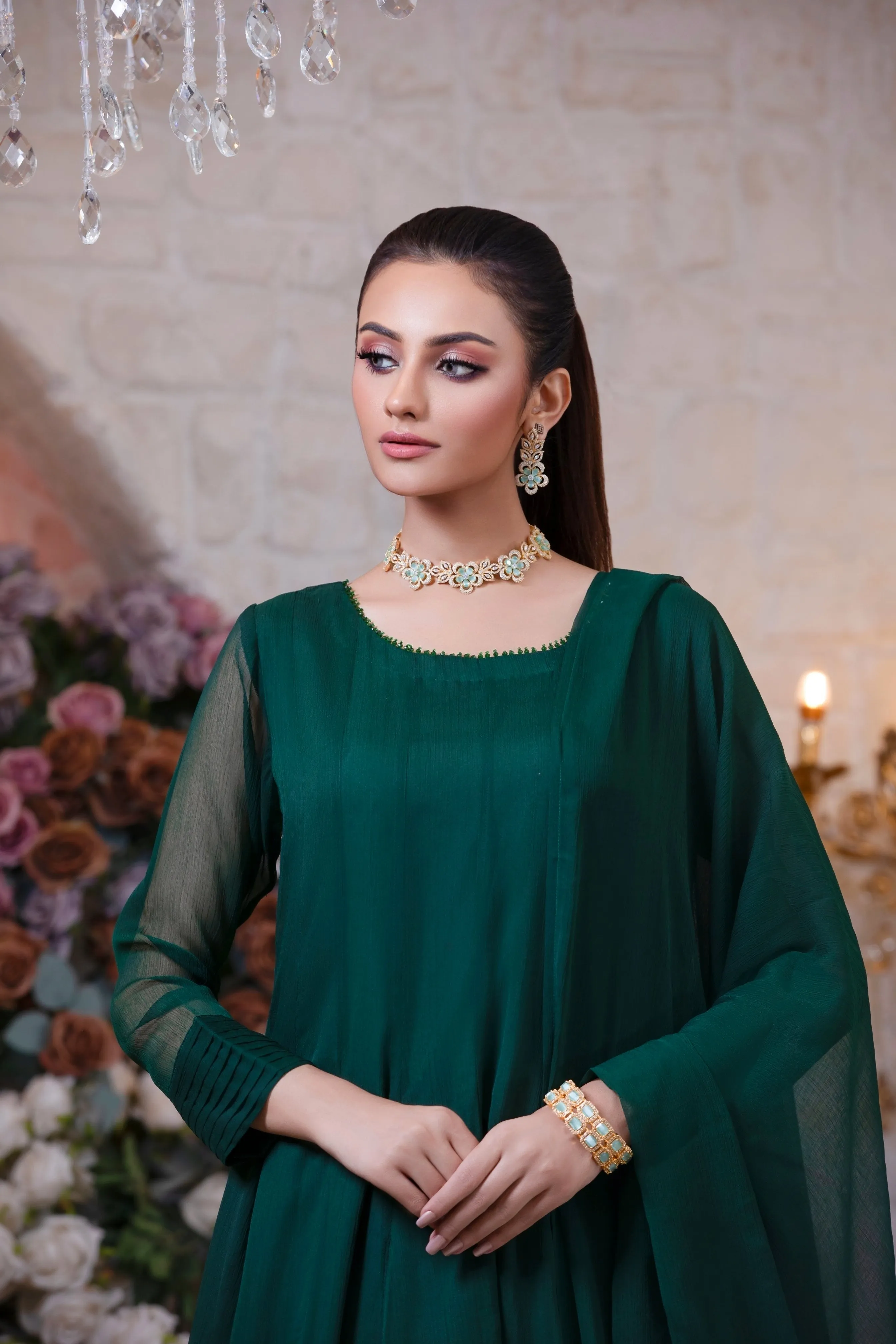 Bottle Green Minimalist Chiffon Anarkali Frock (Sandal)