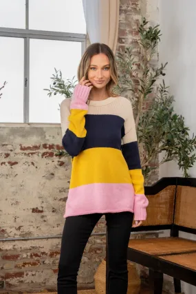 Color Block Exposed Seam Sweater in Navy Blush