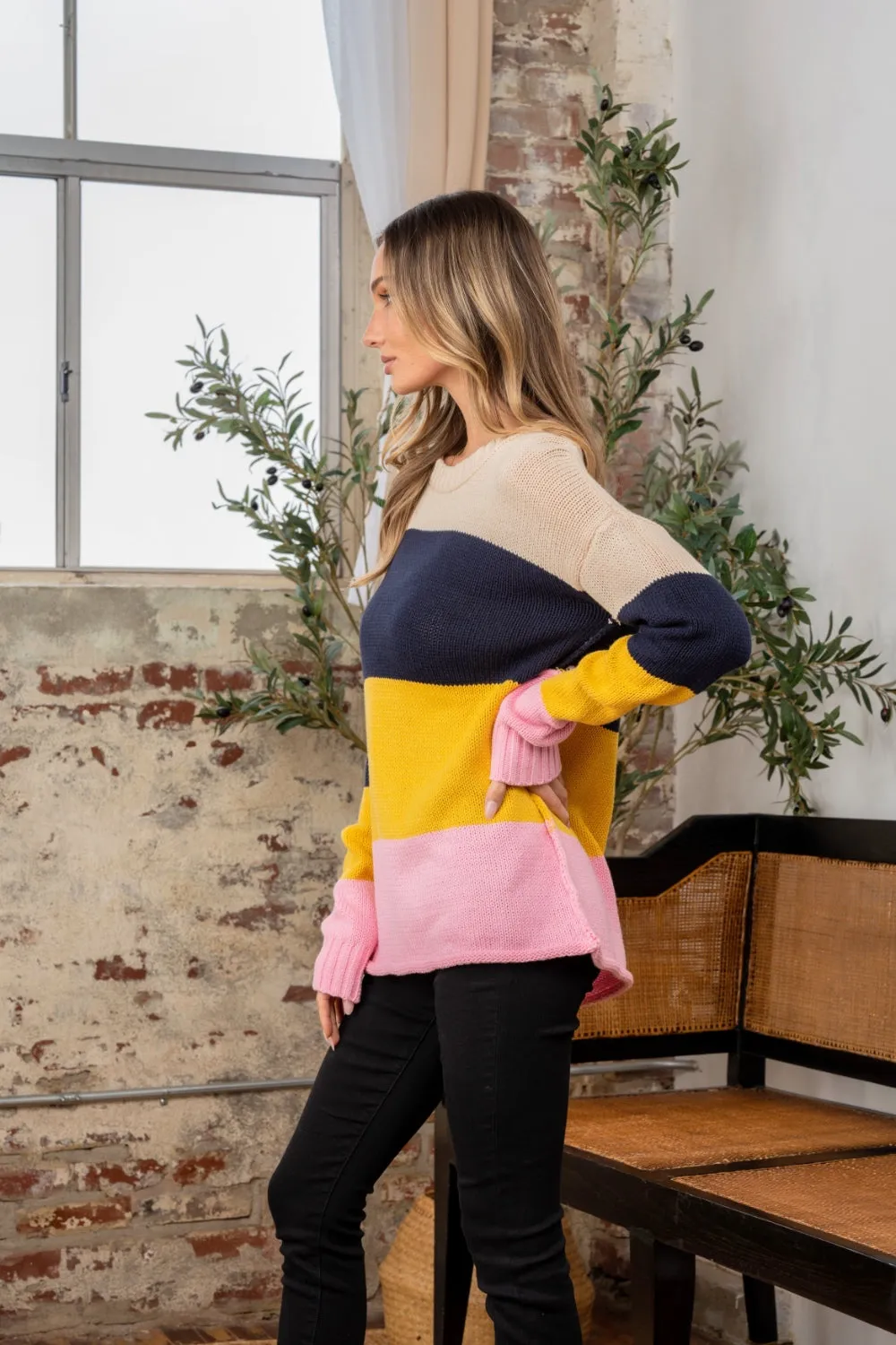 Color Block Exposed Seam Sweater in Navy Blush