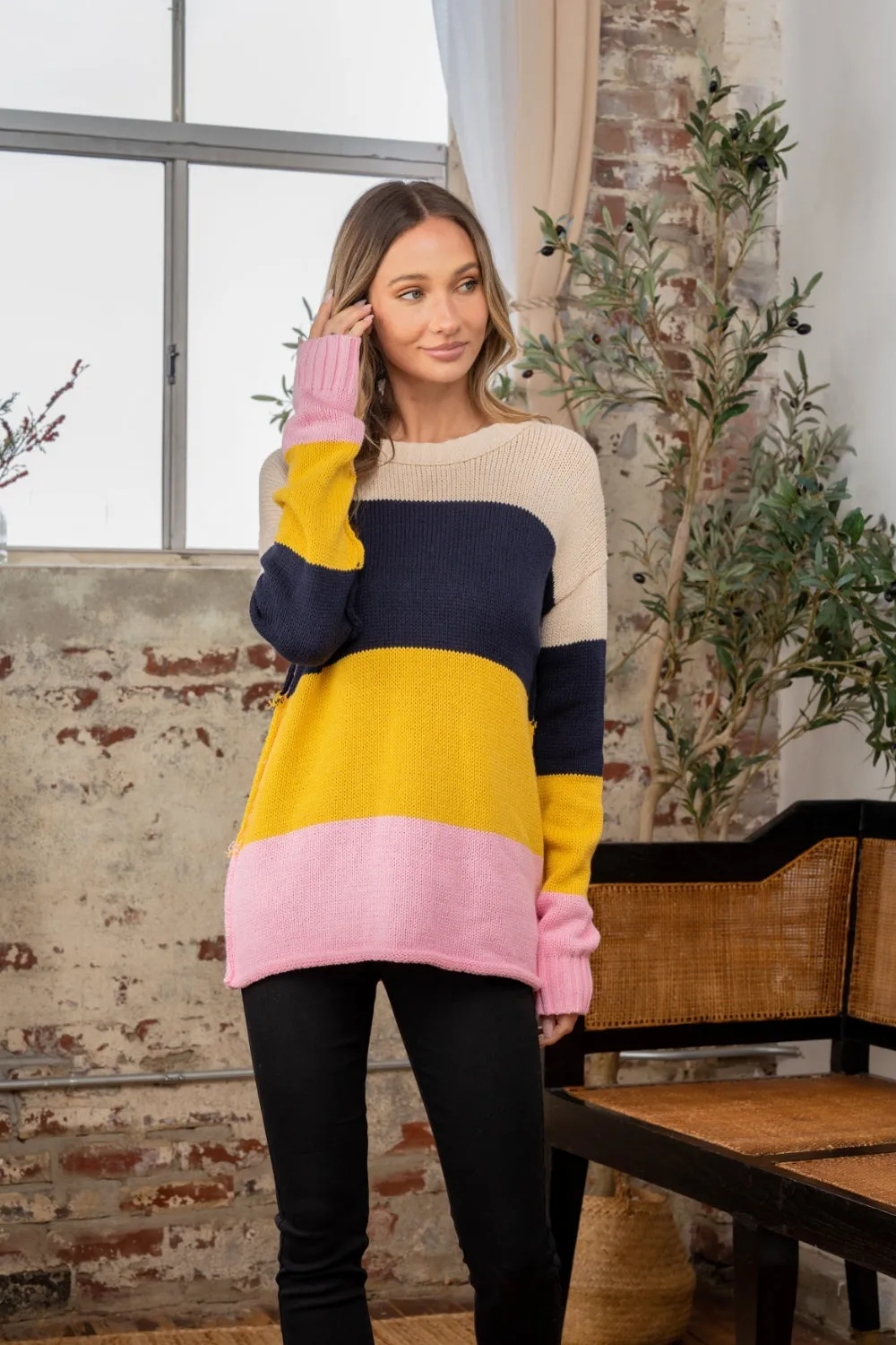 Color Block Exposed Seam Sweater in Navy Blush