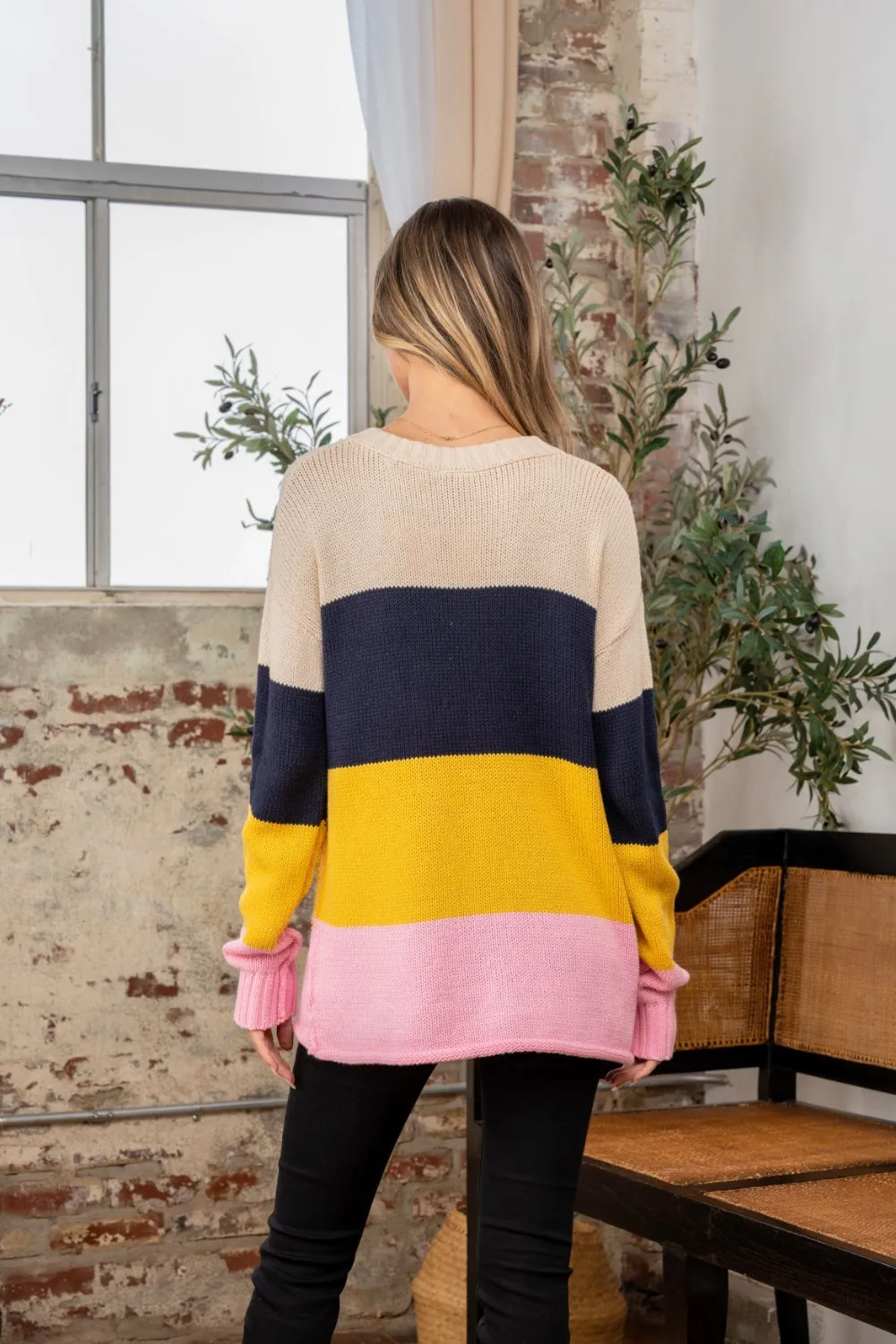 Color Block Exposed Seam Sweater in Navy Blush