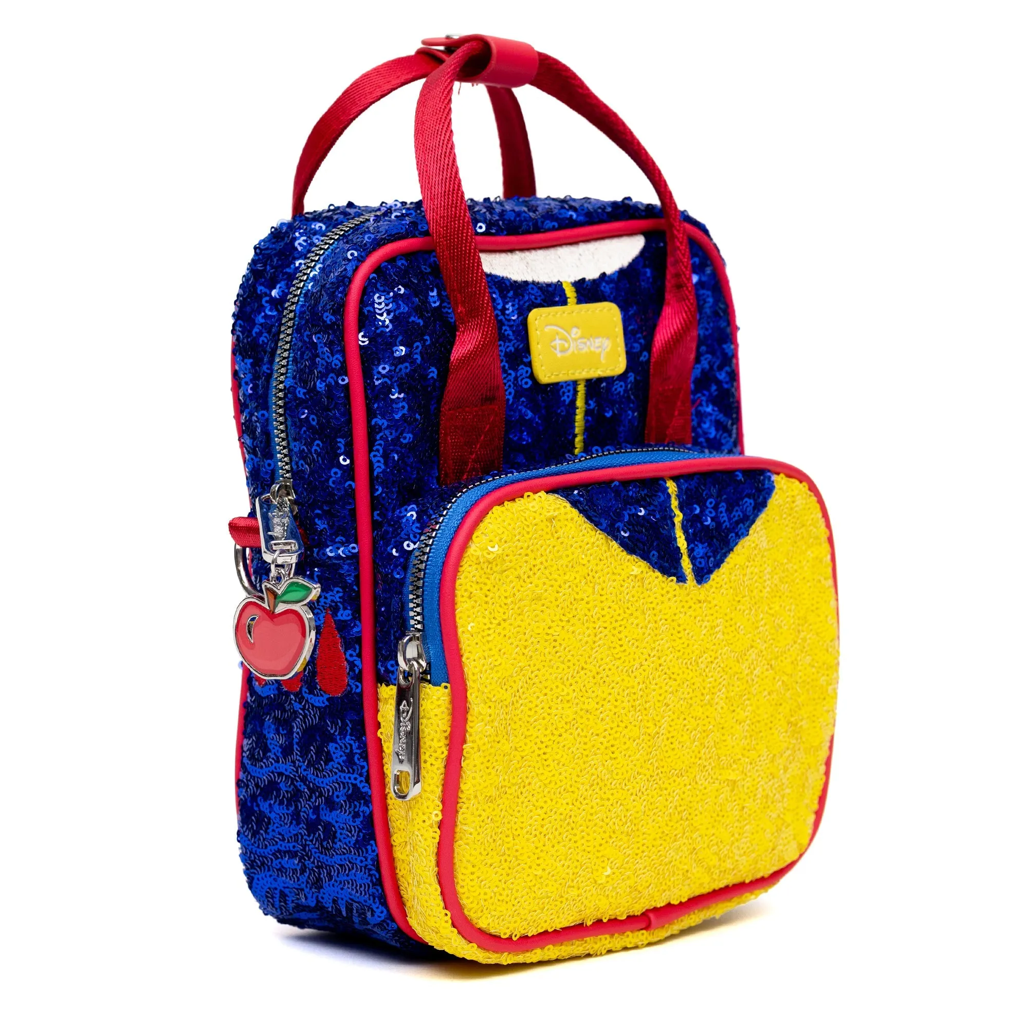 Disney Vegan Leather Cross Body Backpack for Women with Adjustable Strap, Snow White Bodice Blue and Yellow Sequin with Apple Charm