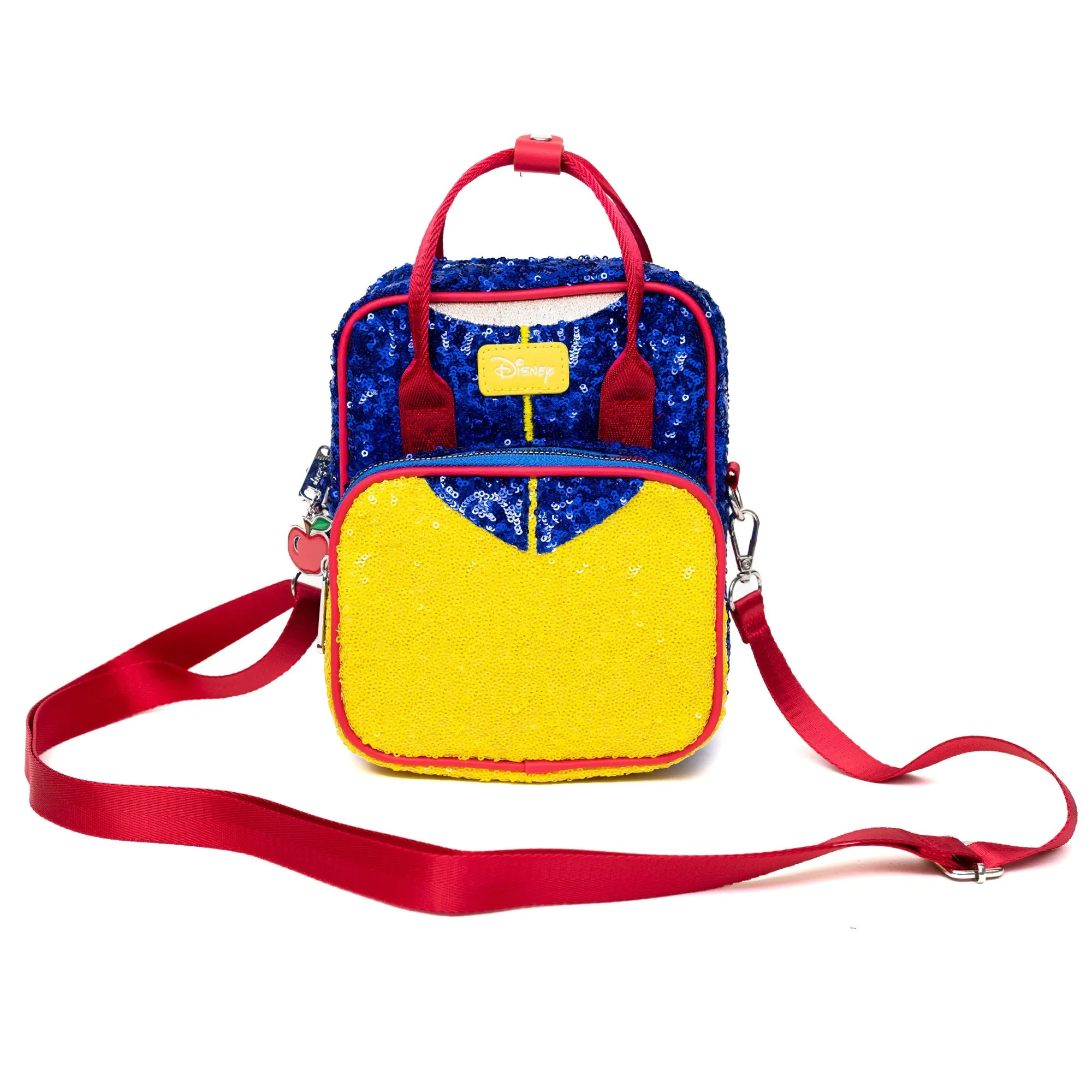 Disney Vegan Leather Cross Body Backpack for Women with Adjustable Strap, Snow White Bodice Blue and Yellow Sequin with Apple Charm