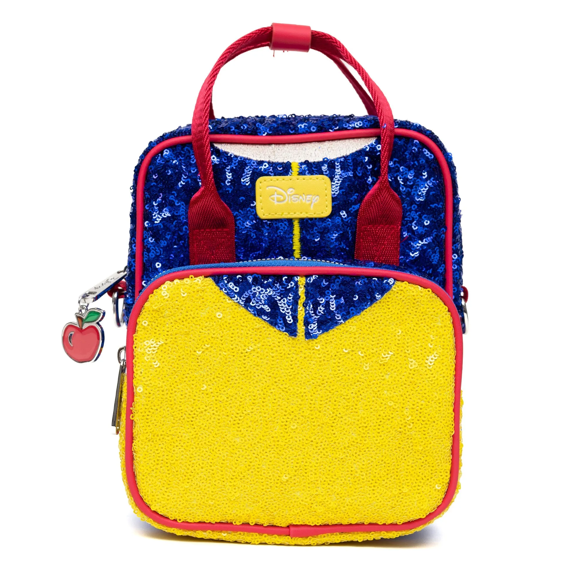 Disney Vegan Leather Cross Body Backpack for Women with Adjustable Strap, Snow White Bodice Blue and Yellow Sequin with Apple Charm