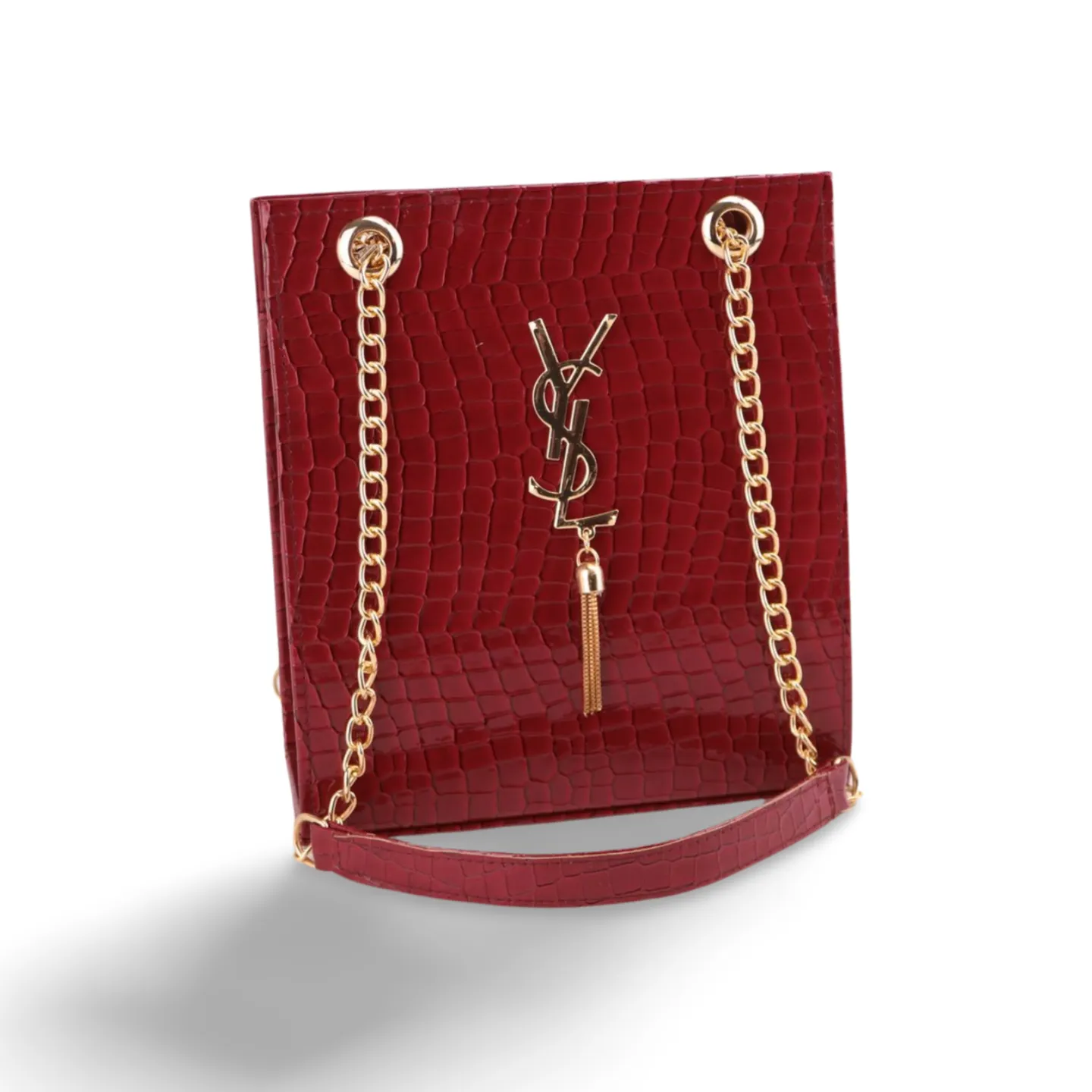 Gold Textured Leather Crossbody Bag with Chain Strap