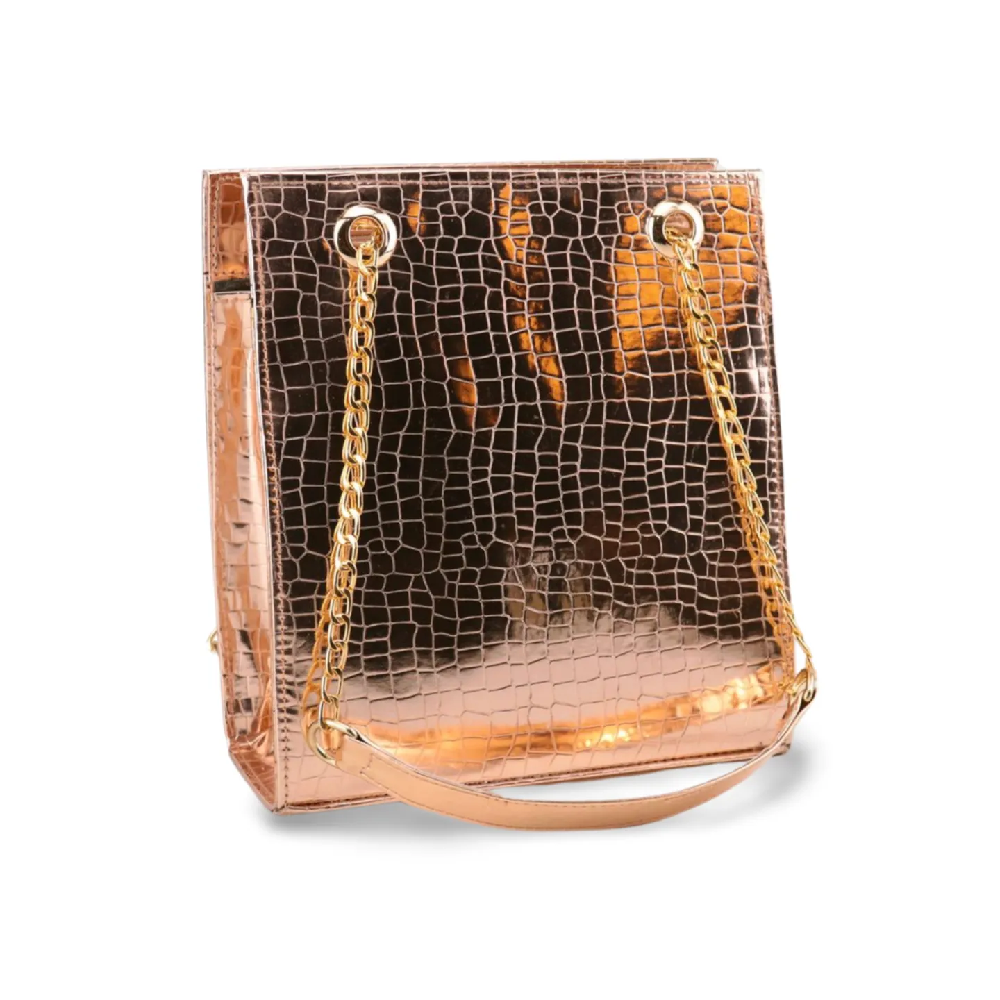 Gold Textured Leather Crossbody Bag with Chain Strap