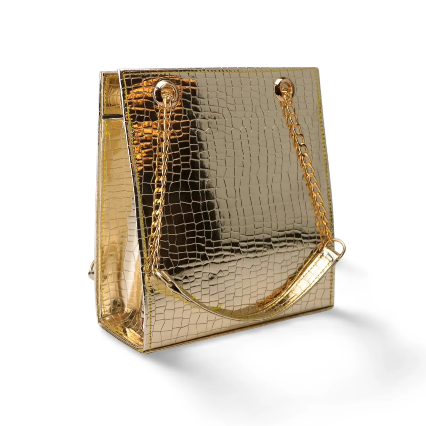 Gold Textured Leather Crossbody Bag with Chain Strap