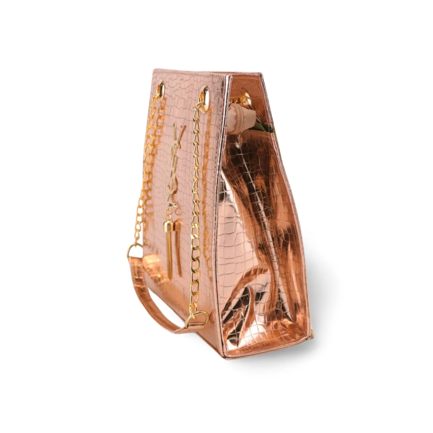 Gold Textured Leather Crossbody Bag with Chain Strap