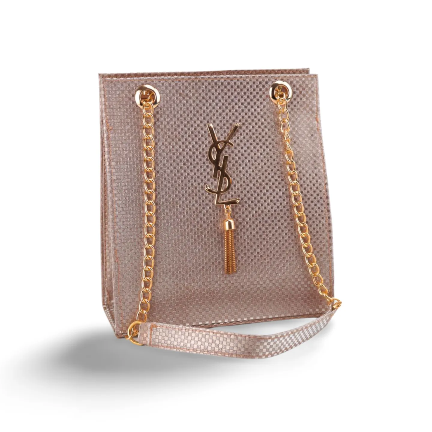 Gold Textured Leather Crossbody Bag with Chain Strap