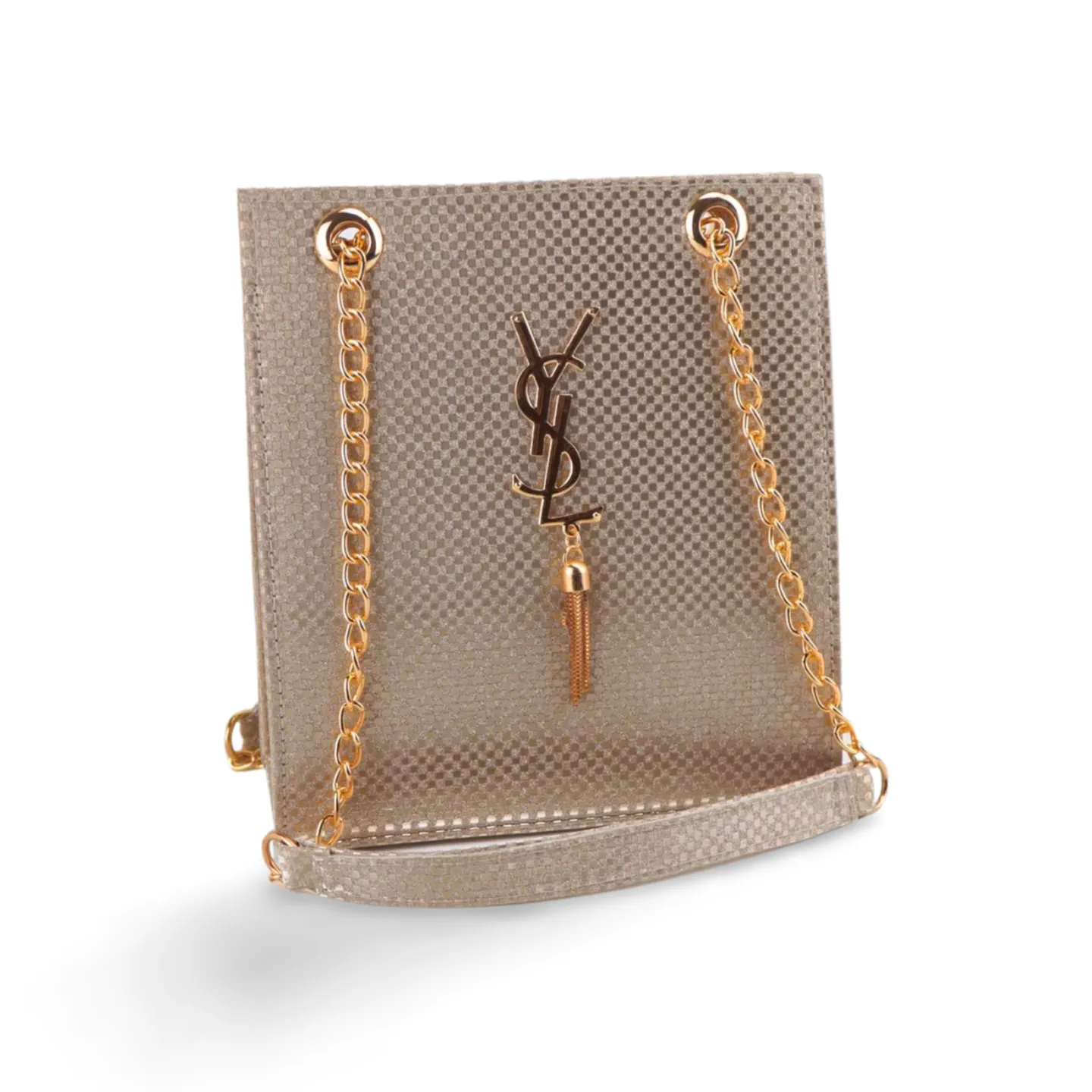 Gold Textured Leather Crossbody Bag with Chain Strap