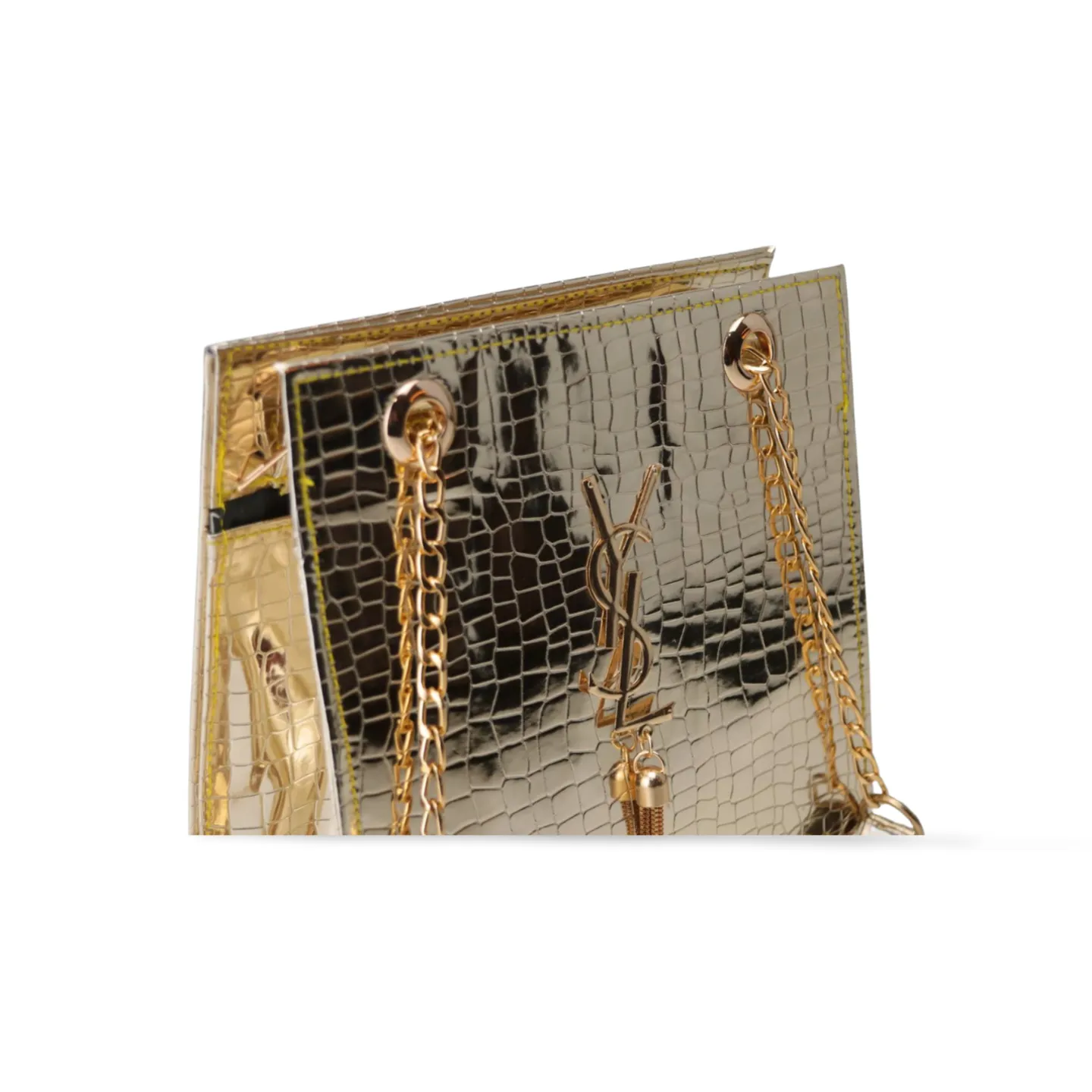 Gold Textured Leather Crossbody Bag with Chain Strap