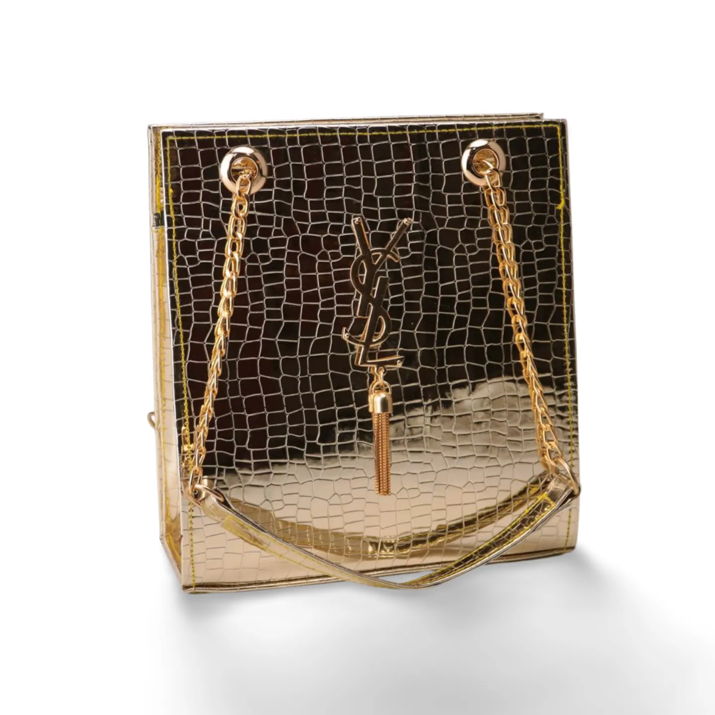 Gold Textured Leather Crossbody Bag with Chain Strap