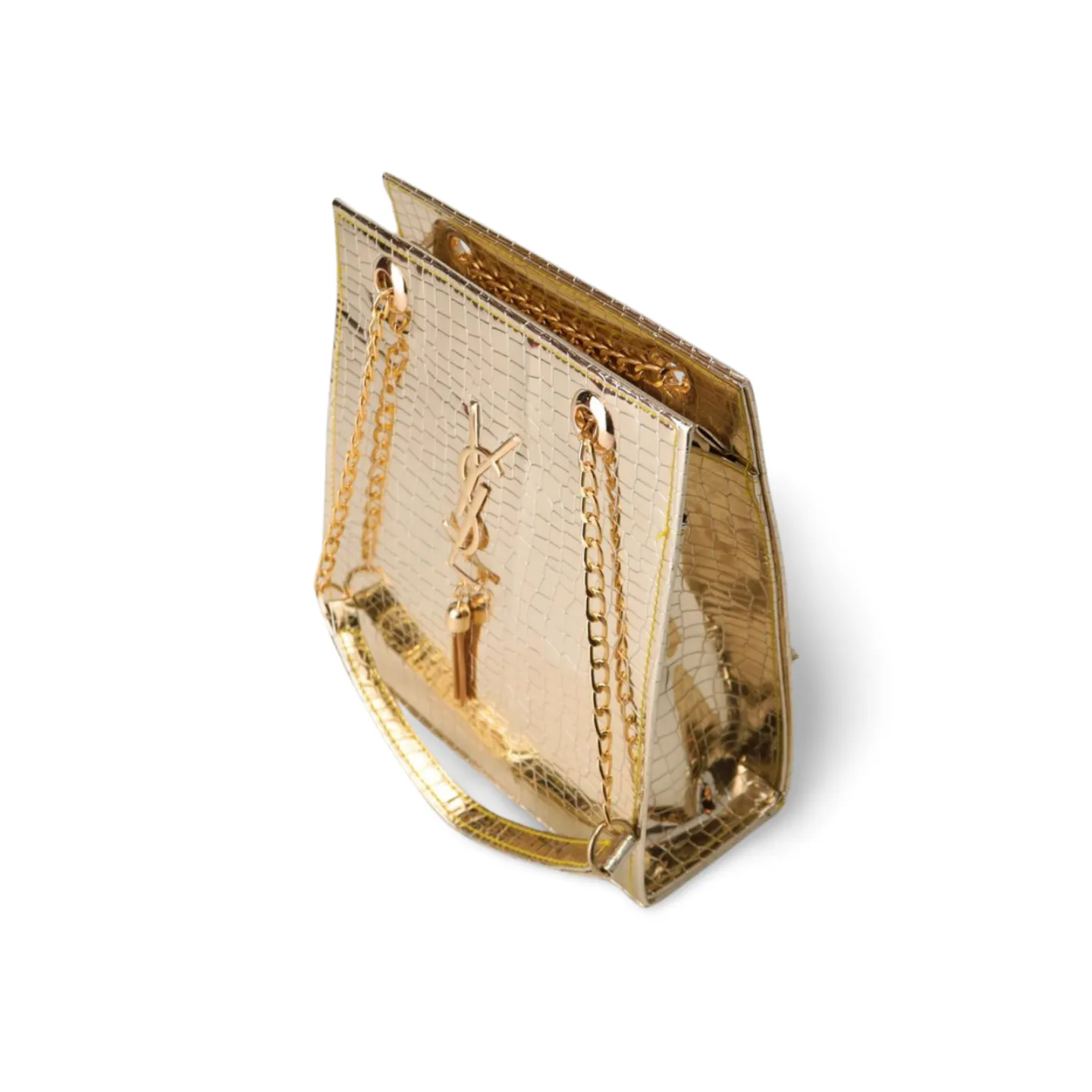 Gold Textured Leather Crossbody Bag with Chain Strap