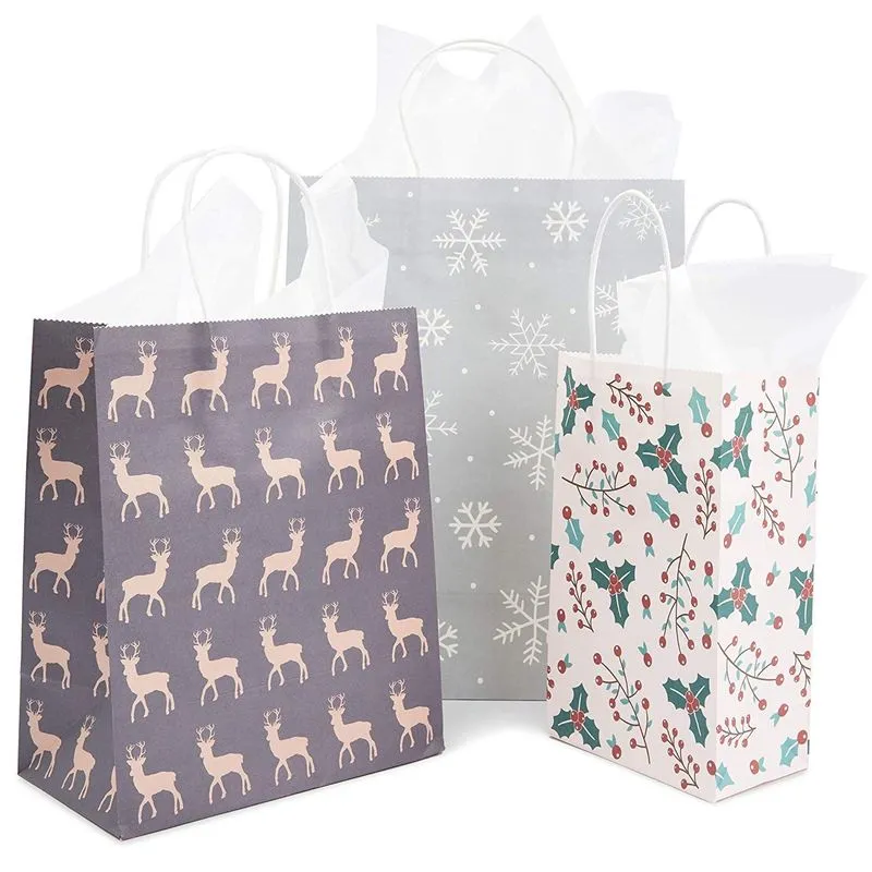 Holiday Gift Wrapping Bags with Tissue Paper, Christmas Designs (3 Sizes, 24 Pack)