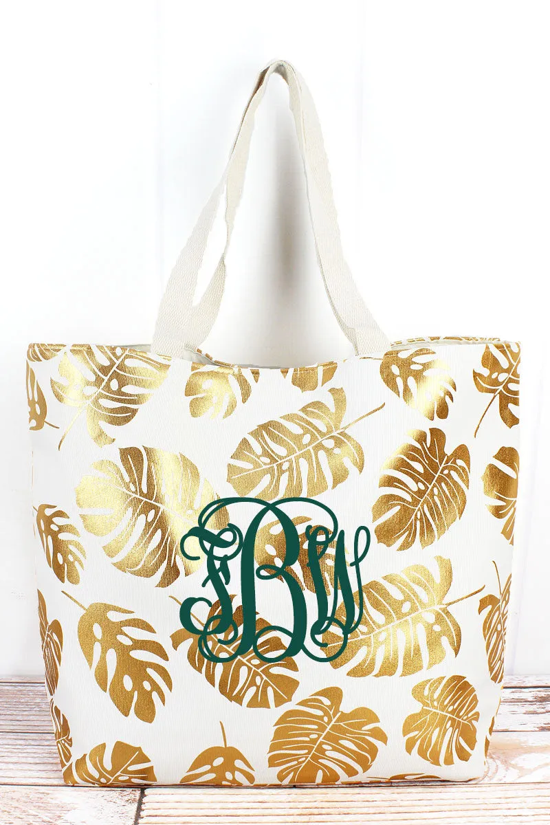 Large Metallic Gold Monstera Palm Leaf Shoulder Travel Tote