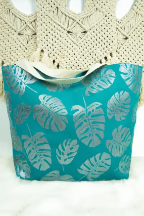 Large Metallic Gold Monstera Palm Leaf Shoulder Travel Tote