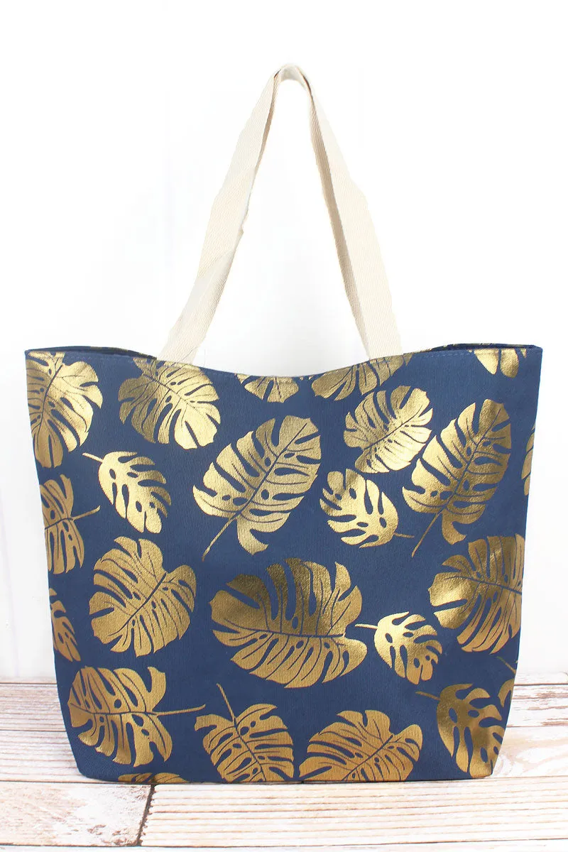 Large Metallic Gold Monstera Palm Leaf Shoulder Travel Tote