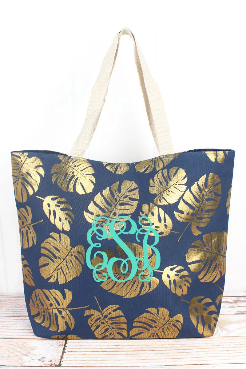 Large Metallic Gold Monstera Palm Leaf Shoulder Travel Tote