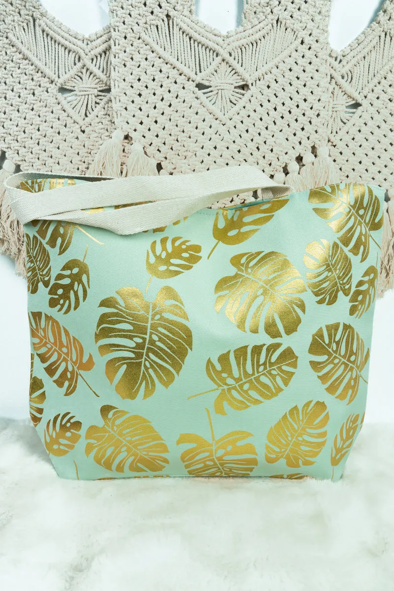 Large Metallic Gold Monstera Palm Leaf Shoulder Travel Tote