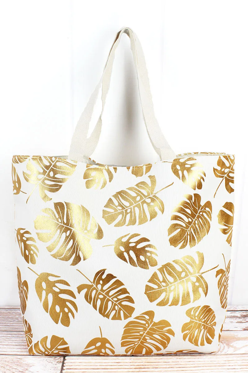 Large Metallic Gold Monstera Palm Leaf Shoulder Travel Tote