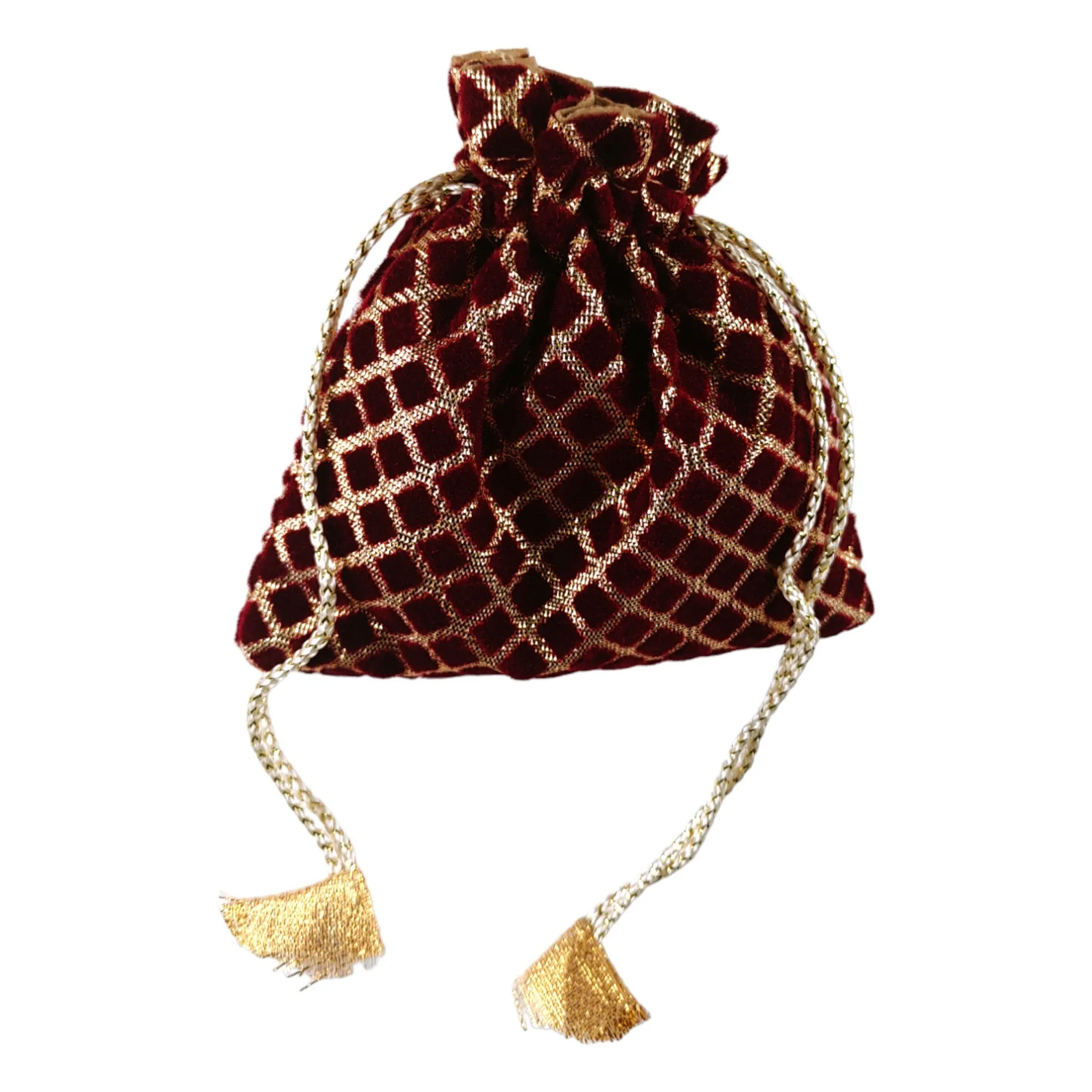 Maroon Color Fabric Checkered Golden Square Tote Pouch /Potli /Gift Bag