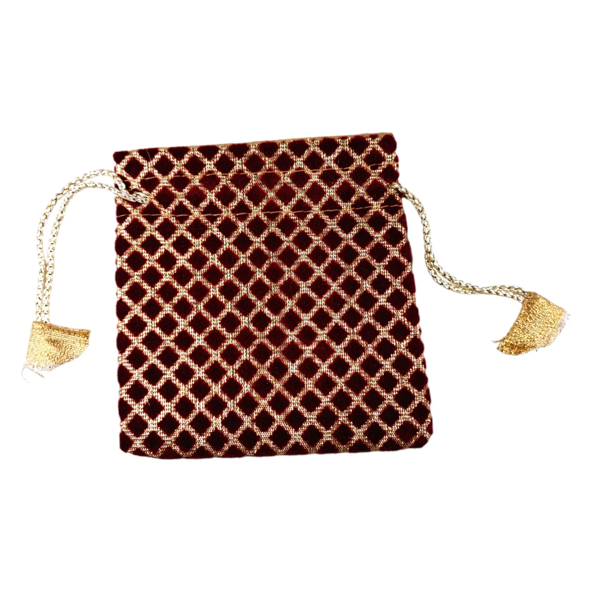 Maroon Color Fabric Checkered Golden Square Tote Pouch /Potli /Gift Bag