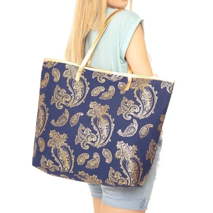 MB0126 Gold Foil Paisley Beach Bag