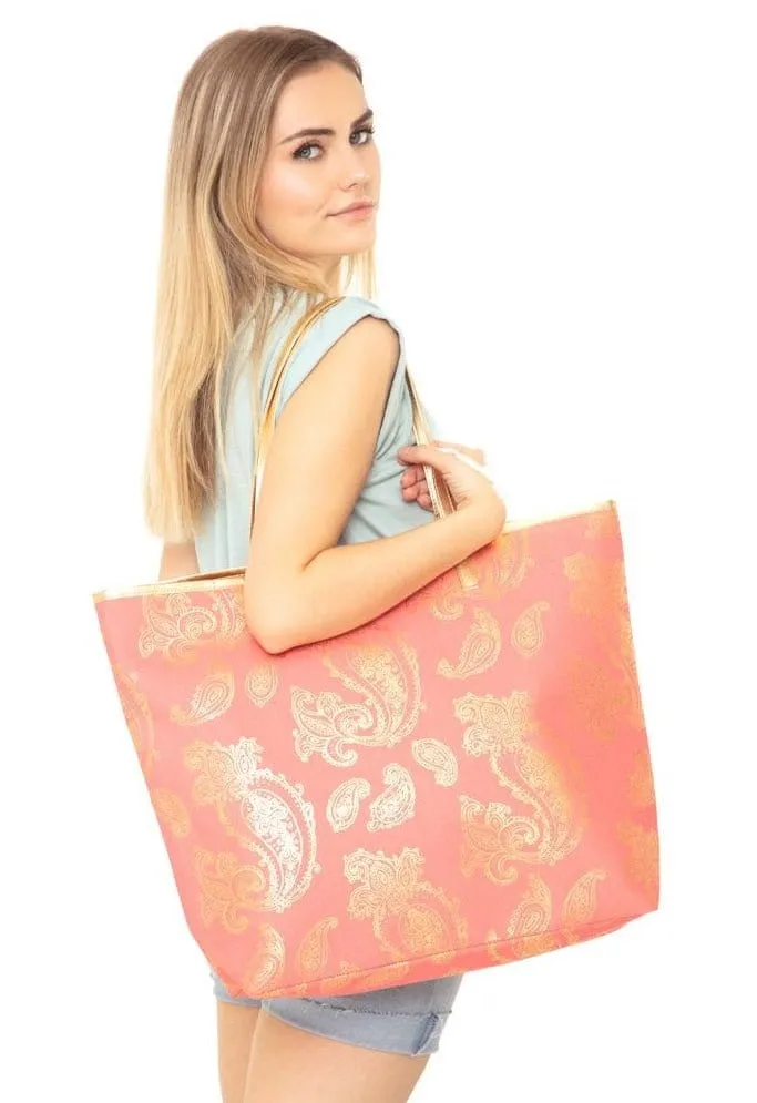 MB0126 Gold Foil Paisley Beach Bag