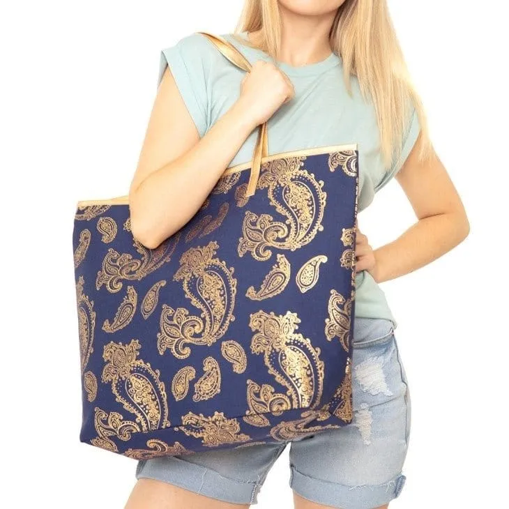 MB0126 Gold Foil Paisley Beach Bag