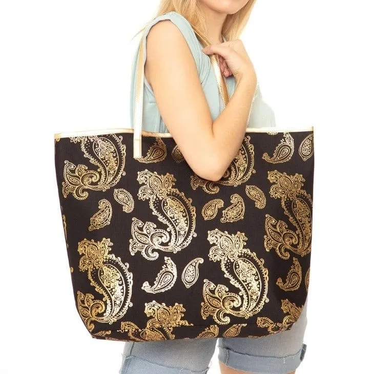 MB0126 Gold Foil Paisley Beach Bag