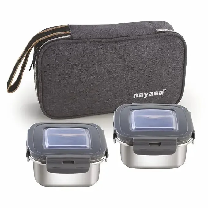 Nayasa Stainless Steel Eco Crunch 2 Containers Lunch Box With Fabric Bag, Black