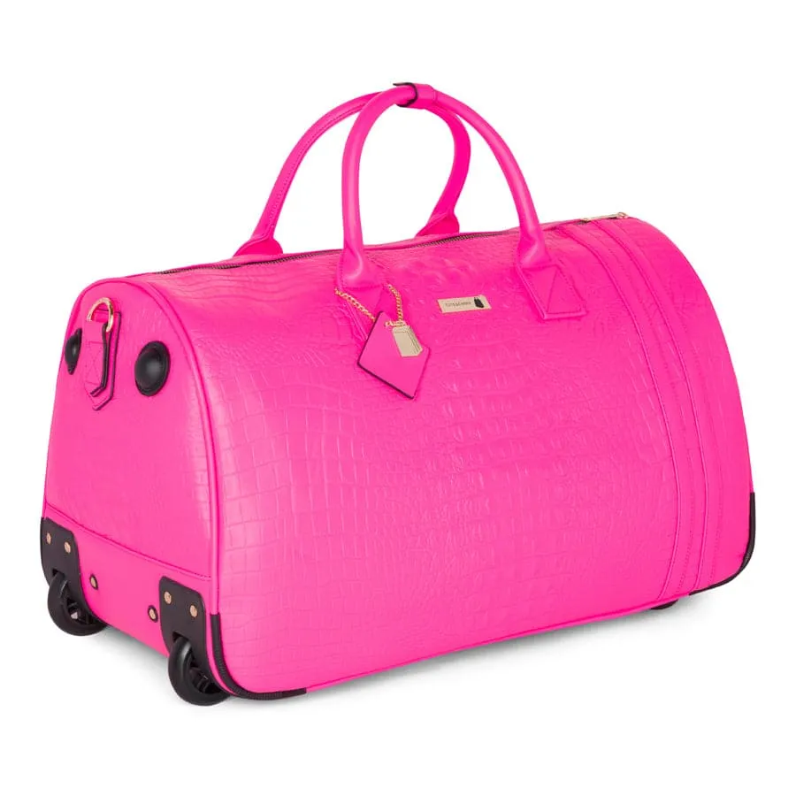 Neon Pink Apollo 2 Faux Crocodile Skin Rolling Duffle Bag