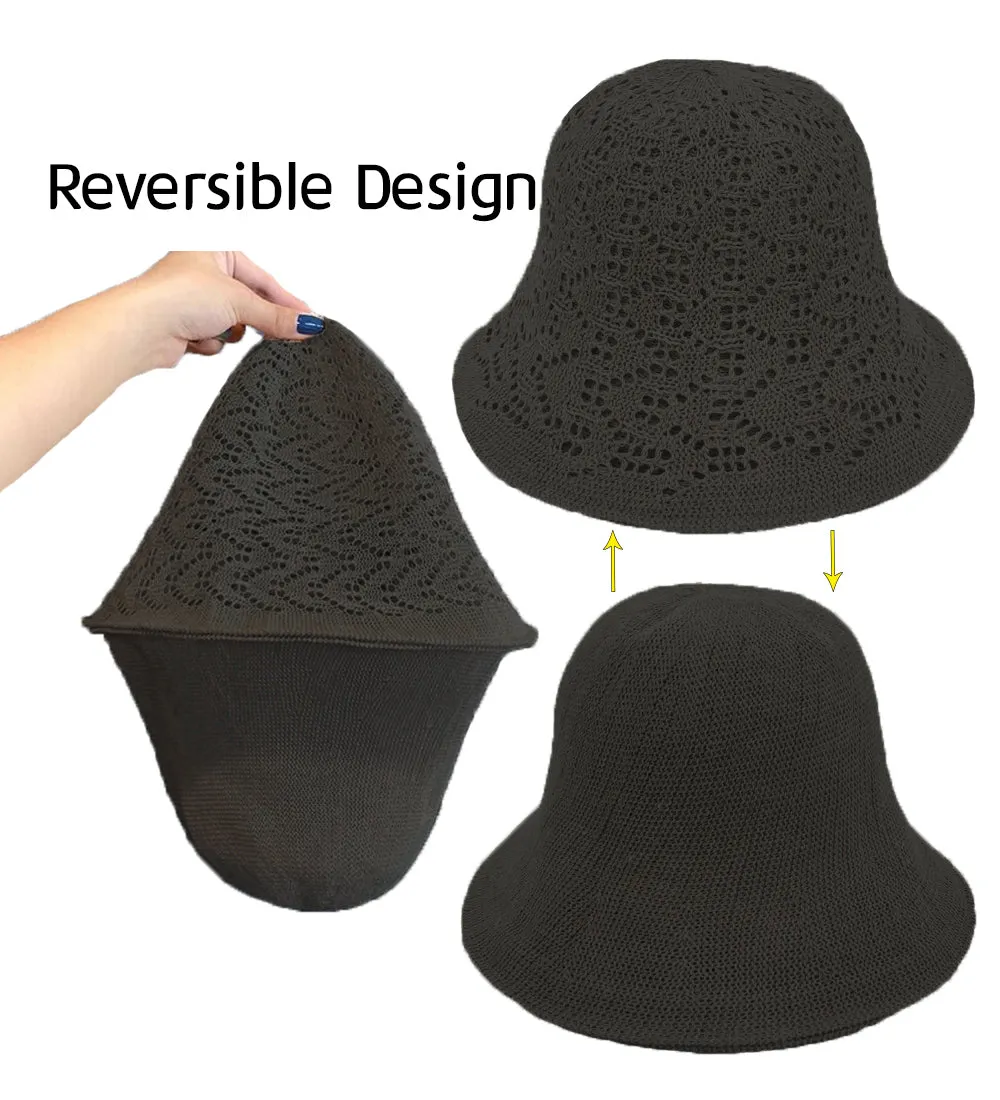 Reversible Crochet Bucket Hat Double Side Wear Summer Travel Beach Packable Fisherman Hat YZB0157