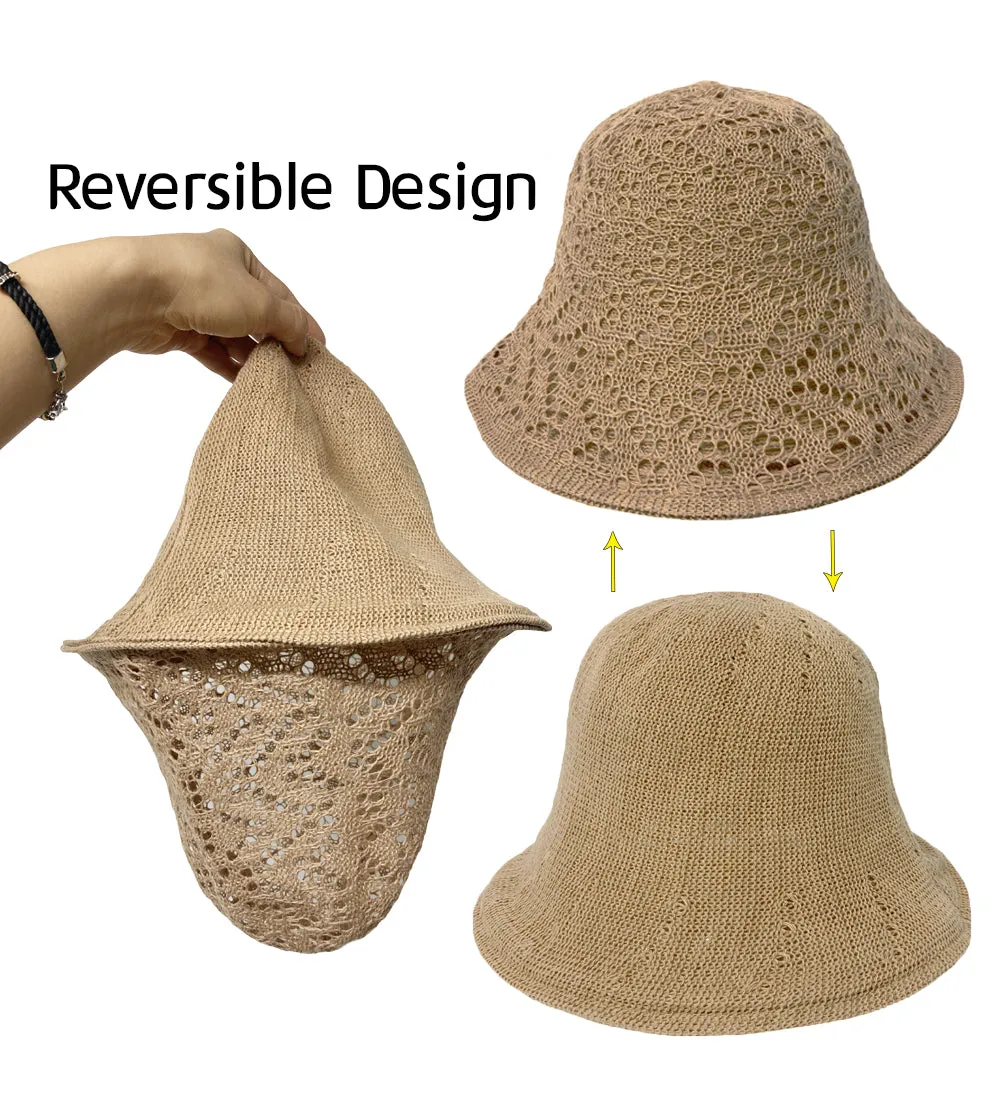 Reversible Crochet Bucket Hat Double Side Wear Summer Travel Beach Packable Fisherman Hat YZB0157