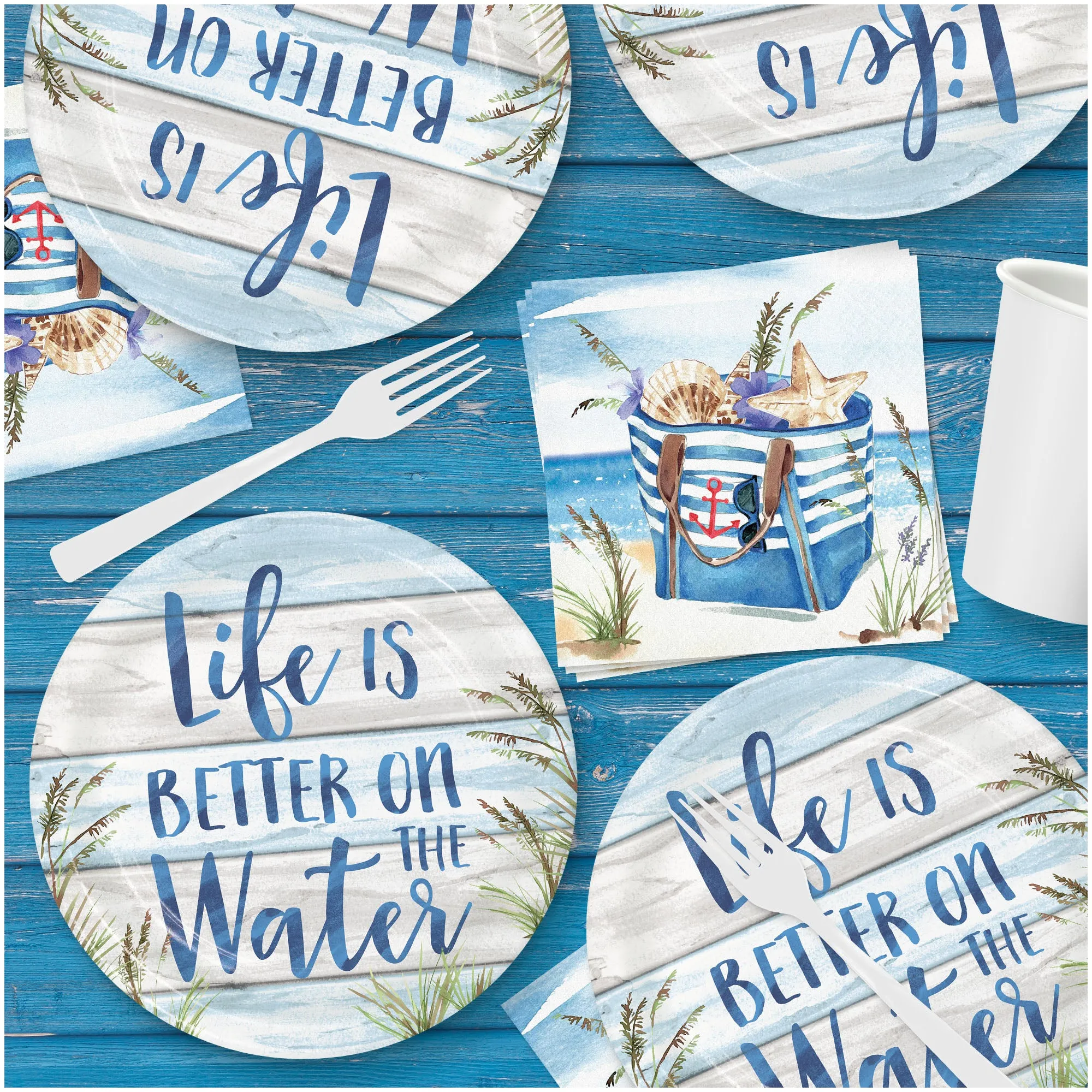 Seaside Summer Beach Coastal Round Paper Dessert Plates, Napkins, and Forks (Serves 16)