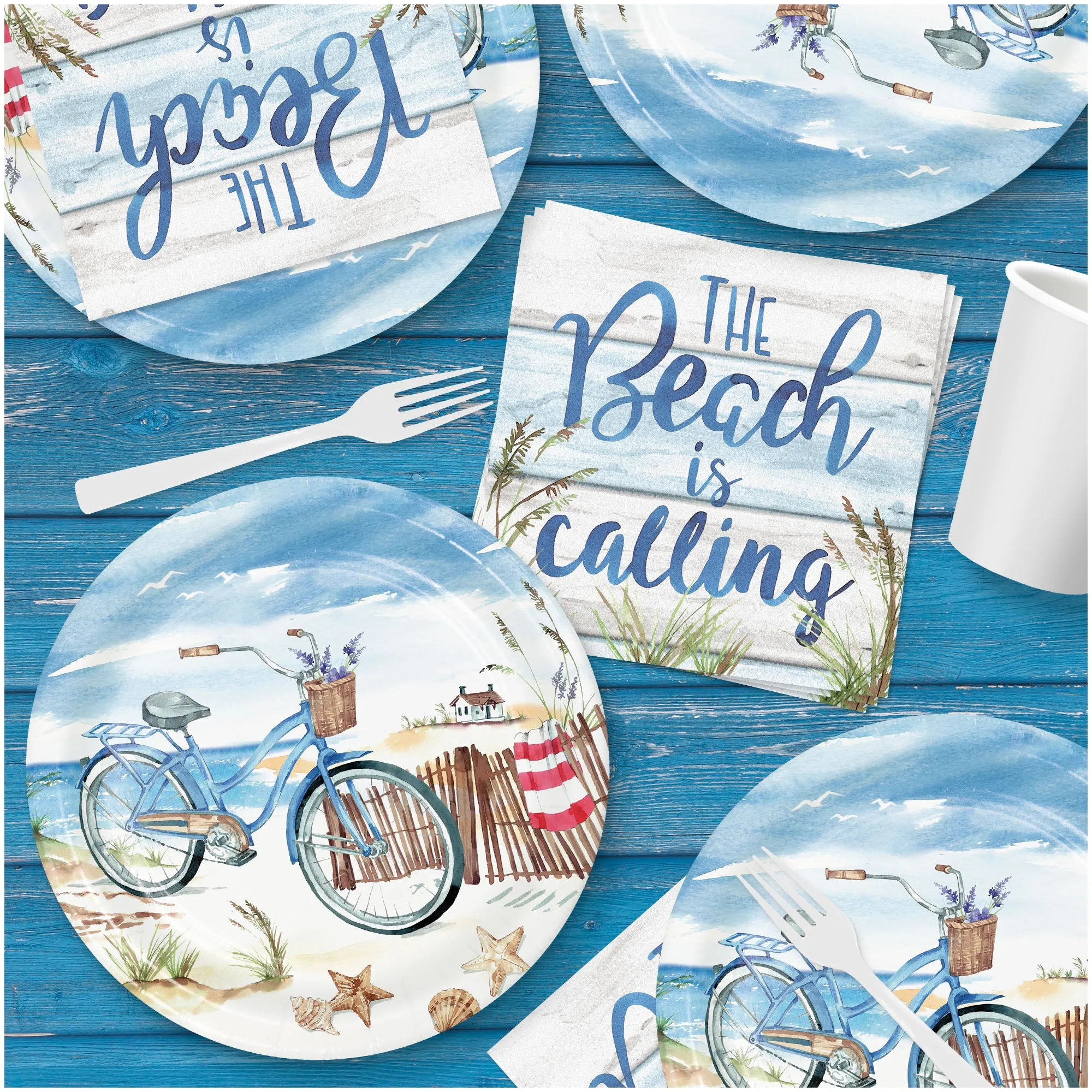 Seaside Summer Beach Coastal Round Paper Dinner Plates, Lunch Napkins, & Forks (Serves 16)