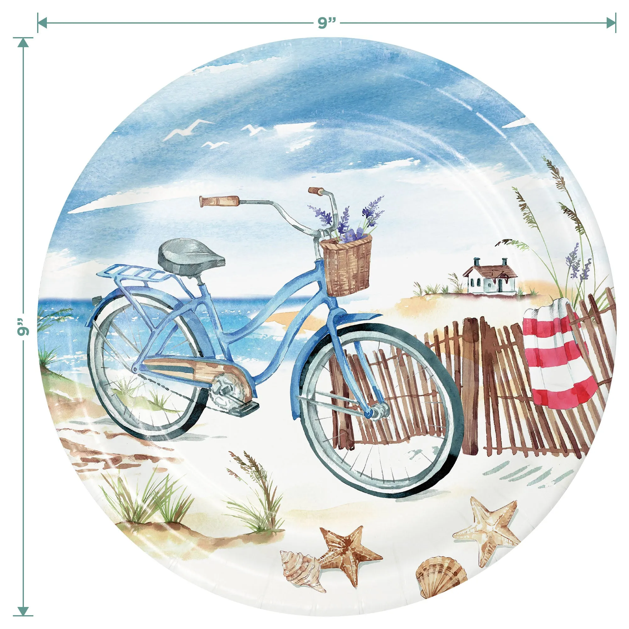 Seaside Summer Beach Coastal Round Paper Dinner Plates, Lunch Napkins, & Forks (Serves 16)